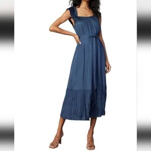 NWT Navy Crinkle Midi Dress with Ruffle Cap Sleeves